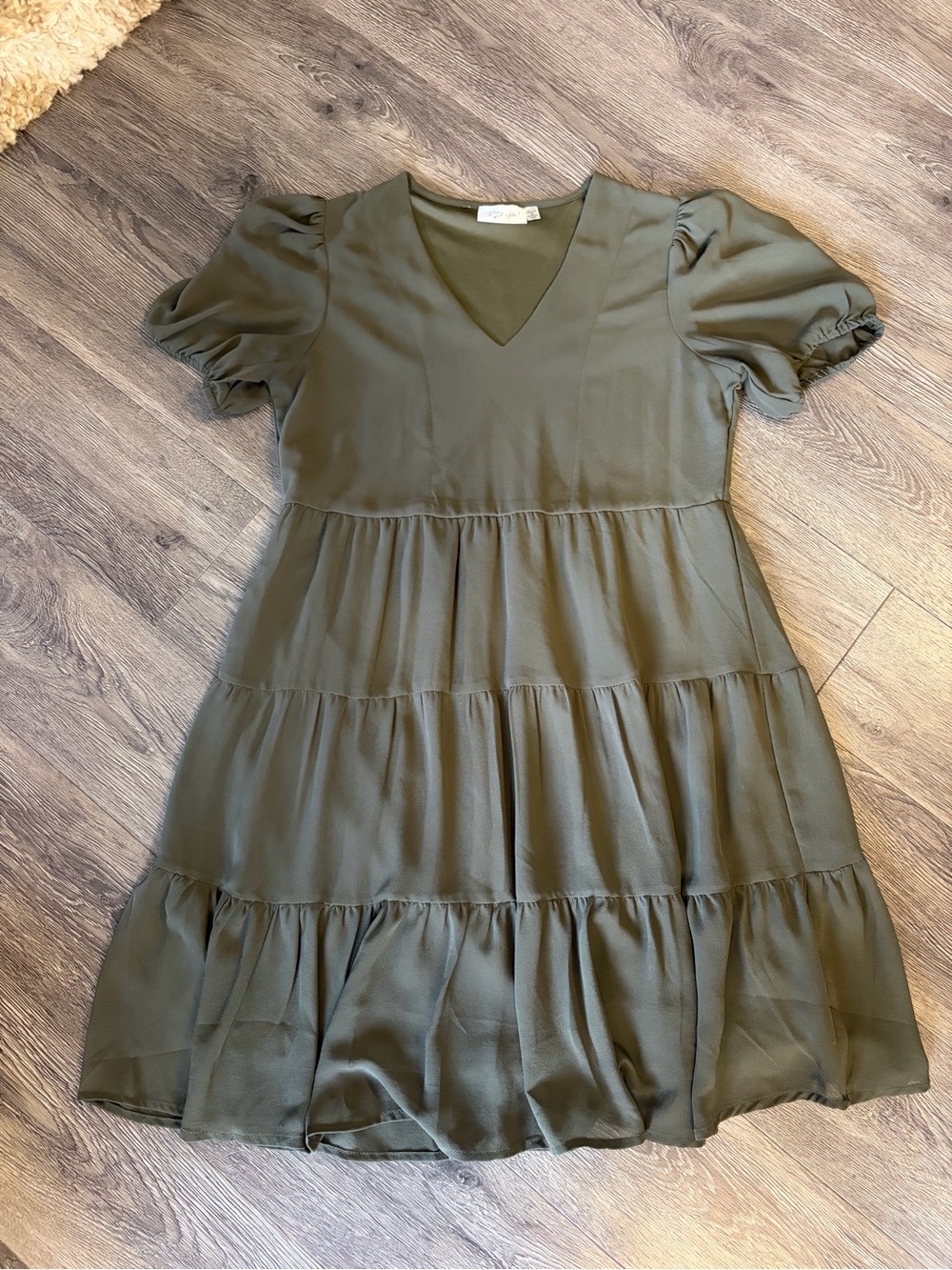 RD Style Olive Green Tiered V-Neck Dress
